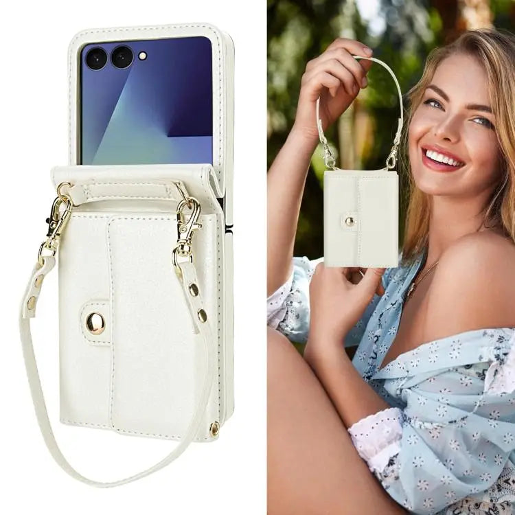 Voor Samsung Galaxy Z Flip7 5G effen kleur rugzak portemonnee kaartsleuf RFID PU telefoonhoesje (wit)