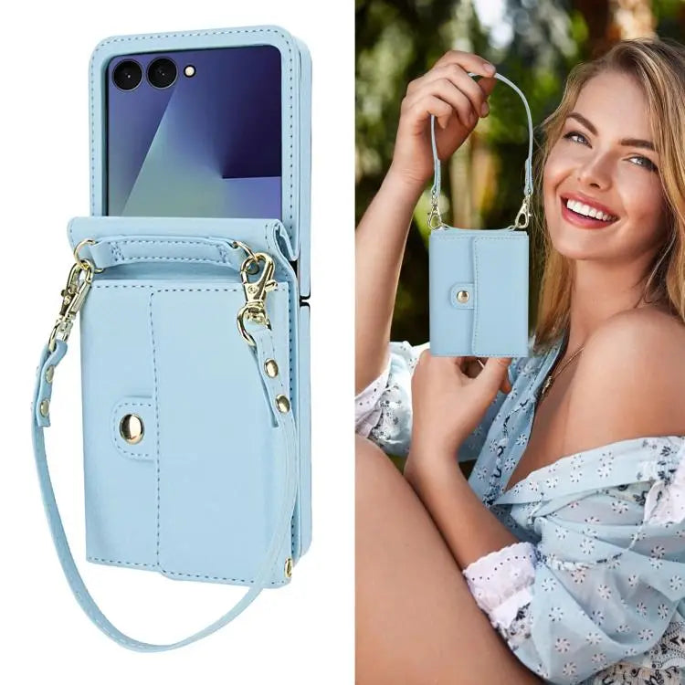 Voor Samsung Galaxy Z Flip7 5G effen kleur rugzak portemonnee kaartsleuf RFID PU telefoonhoesje (blauw)