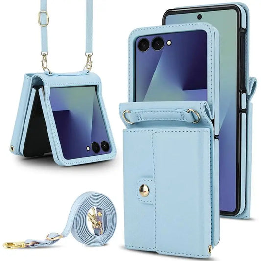 Voor Samsung Galaxy Z Flip7 5G effen kleur rugzak portemonnee kaartsleuf RFID PU telefoonhoesje (blauw)