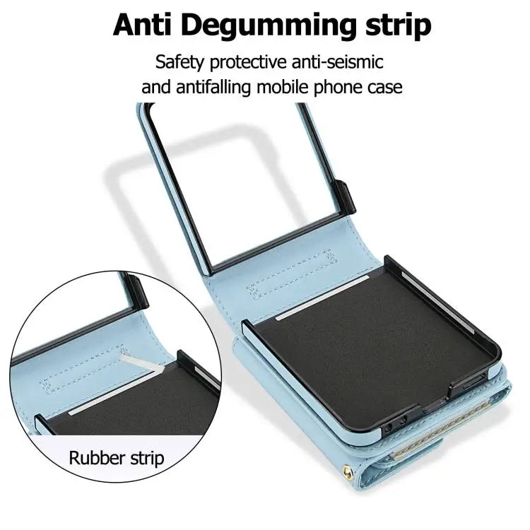 Voor Samsung Galaxy Z Flip7 5G effen kleur rugzak portemonnee kaartsleuf RFID PU telefoonhoesje (blauw)