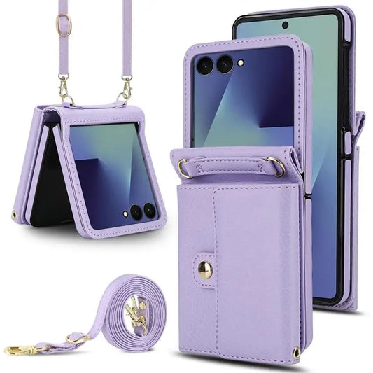 Voor Samsung Galaxy Z Flip7 5G effen kleur rugzak portemonnee kaartsleuf RFID PU telefoonhoesje (paars)