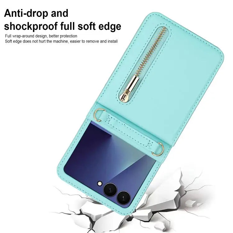 Voor Samsung Galaxy Z Flip7 5G, portemonnee met rits, kaartsleuf, leren telefoonhoesje met schouderband (blauw)