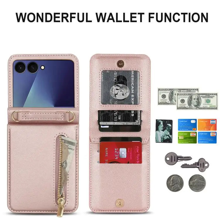 Voor Samsung Galaxy Z Flip7 5G, portemonnee met rits, kaartsleuf, leren telefoonhoesje met schouderband (roségoud)