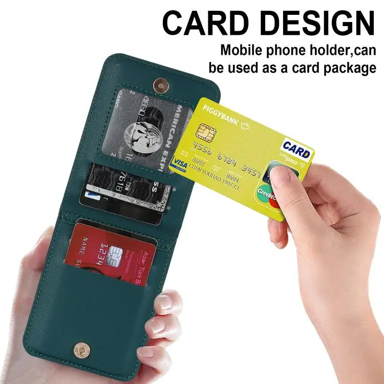 Voor Samsung Galaxy Z Flip7 5G, portemonnee met rits, kaartsleuf, leren telefoonhoesje met schouderband (groen)