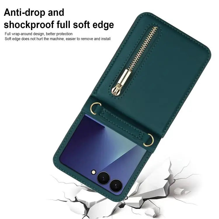 Voor Samsung Galaxy Z Flip7 5G, portemonnee met rits, kaartsleuf, leren telefoonhoesje met schouderband (groen)