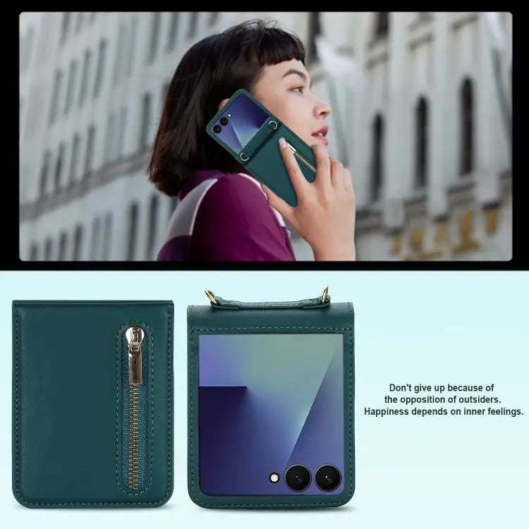 Voor Samsung Galaxy Z Flip7 5G, portemonnee met rits, kaartsleuf, leren telefoonhoesje met schouderband (groen)
