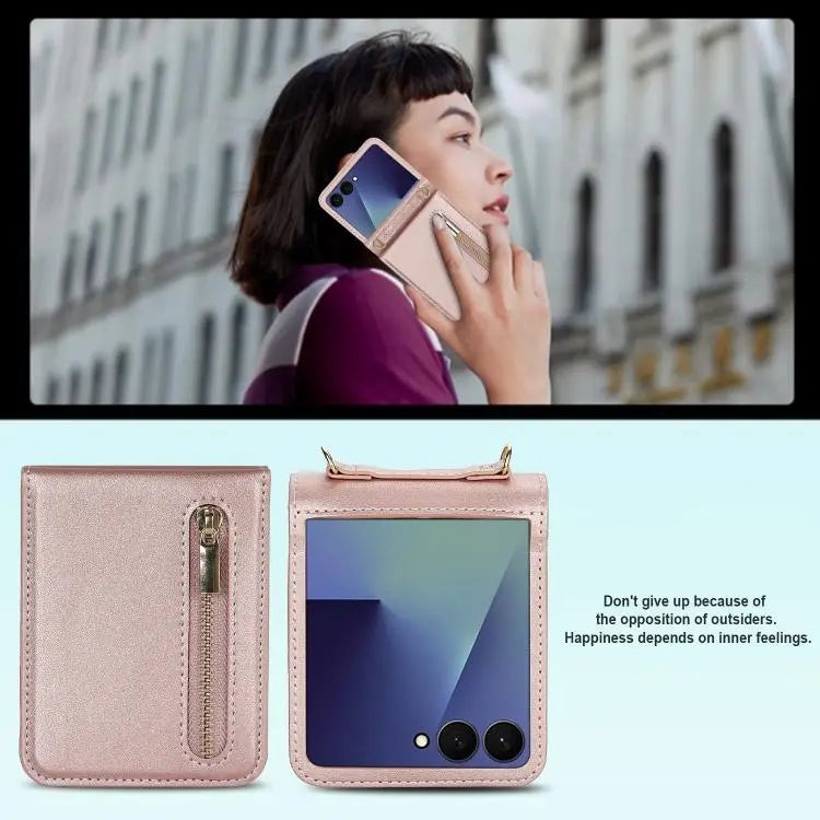 Voor Samsung Galaxy Z Flip7 5G, portemonnee met rits, kaartsleuf, leren telefoonhoesje met schouderband (roségoud)