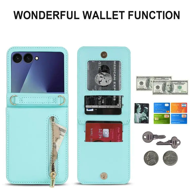 Voor Samsung Galaxy Z Flip7 5G, portemonnee met rits, kaartsleuf, leren telefoonhoesje met schouderband (blauw)