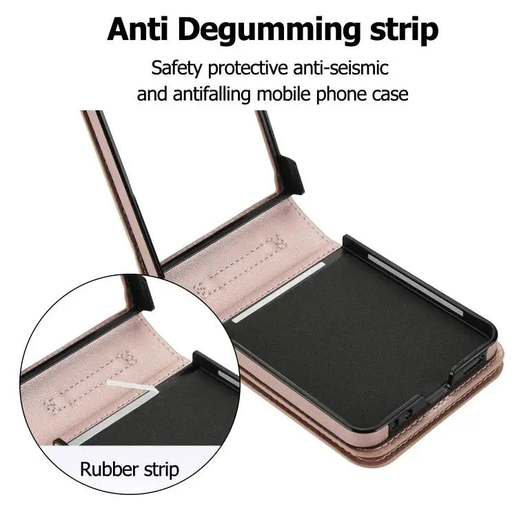 Voor Samsung Galaxy Z Flip7 5G, portemonnee met rits, kaartsleuf, leren telefoonhoesje met schouderband (roségoud)