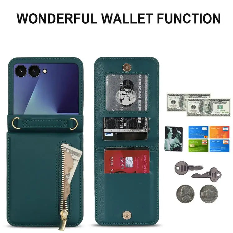 Voor Samsung Galaxy Z Flip7 5G, portemonnee met rits, kaartsleuf, leren telefoonhoesje met schouderband (groen)