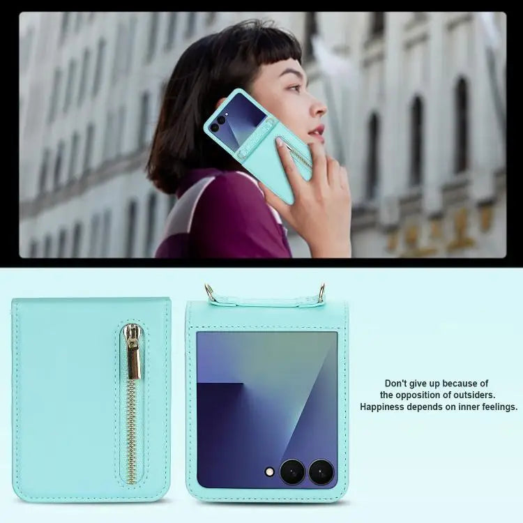 Voor Samsung Galaxy Z Flip7 5G, portemonnee met rits, kaartsleuf, leren telefoonhoesje met schouderband (blauw)