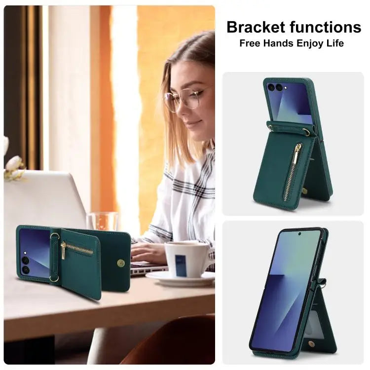 Voor Samsung Galaxy Z Flip7 5G, portemonnee met rits, kaartsleuf, leren telefoonhoesje met schouderband (groen)
