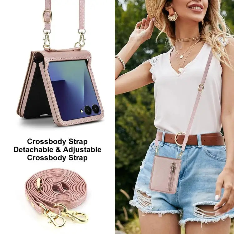 Voor Samsung Galaxy Z Flip7 5G, portemonnee met rits, kaartsleuf, leren telefoonhoesje met schouderband (roségoud)