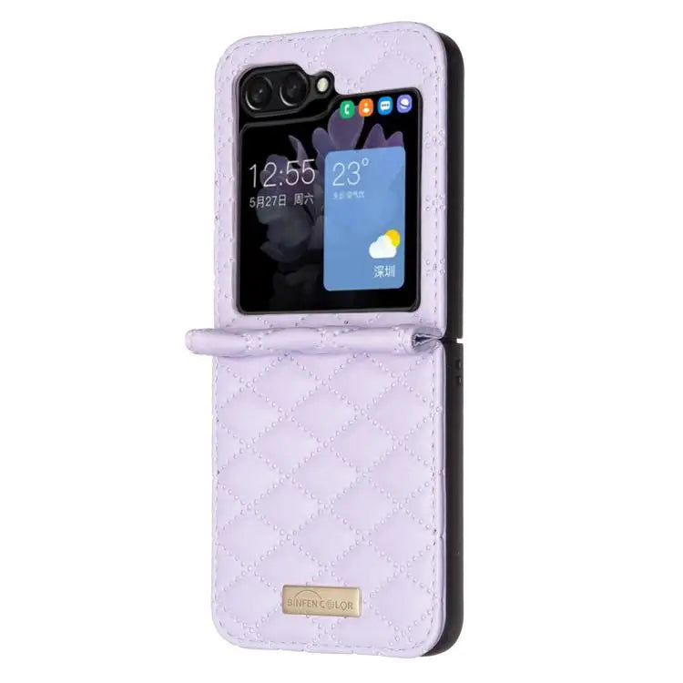 Voor Samsung Galaxy Z Flip7 Diamond Lattice PU + PC schokbestendige telefoonhoes (paars)