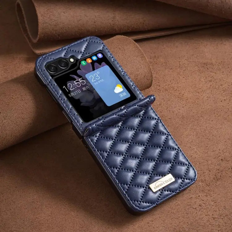 Voor Samsung Galaxy Z Flip7 Diamond Lattice PU + PC schokbestendige telefoonhoes (blauw)