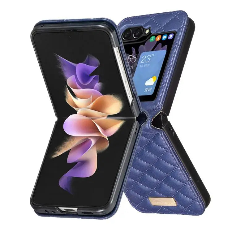 Voor Samsung Galaxy Z Flip7 Diamond Lattice PU + PC schokbestendige telefoonhoes (blauw)