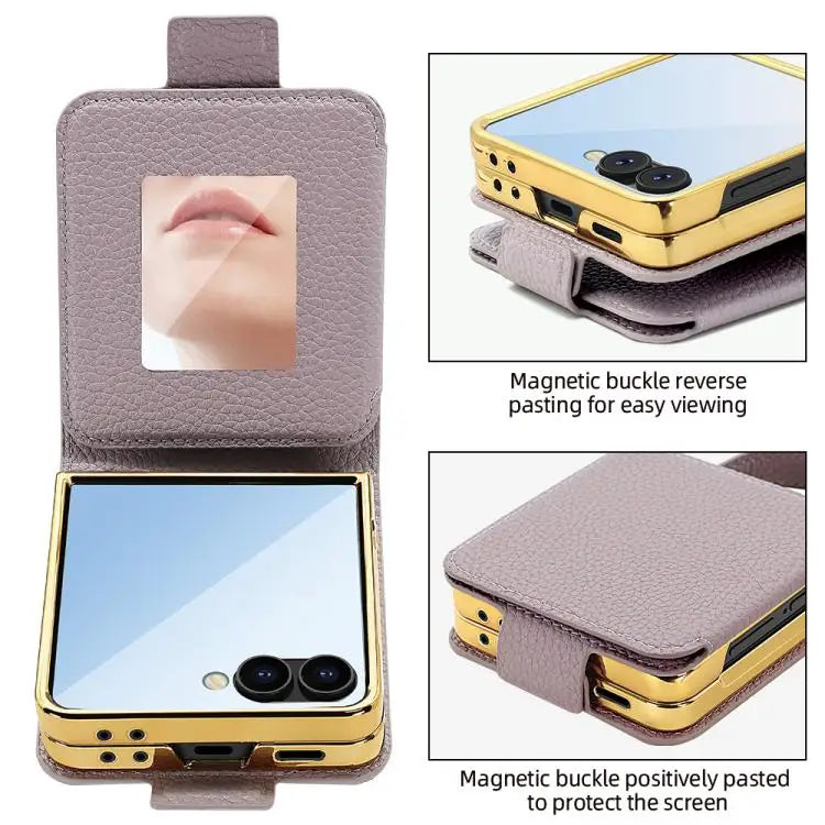 Voor Samsung Galaxy Z Flip7 Litchi-patroon make-upspiegel PU-telefoonhoesje met zijden sjaal (groen)