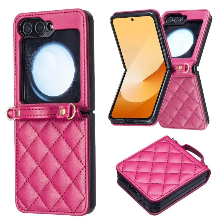 Voor Samsung Galaxy Z Flip7 Ruitvormige Crossbody Lanyard Leren Telefoonhoesje (Rosé Rood)