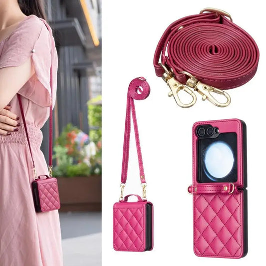 Voor Samsung Galaxy Z Flip7 Ruitvormige Crossbody Lanyard Leren Telefoonhoesje (Rosé Rood)