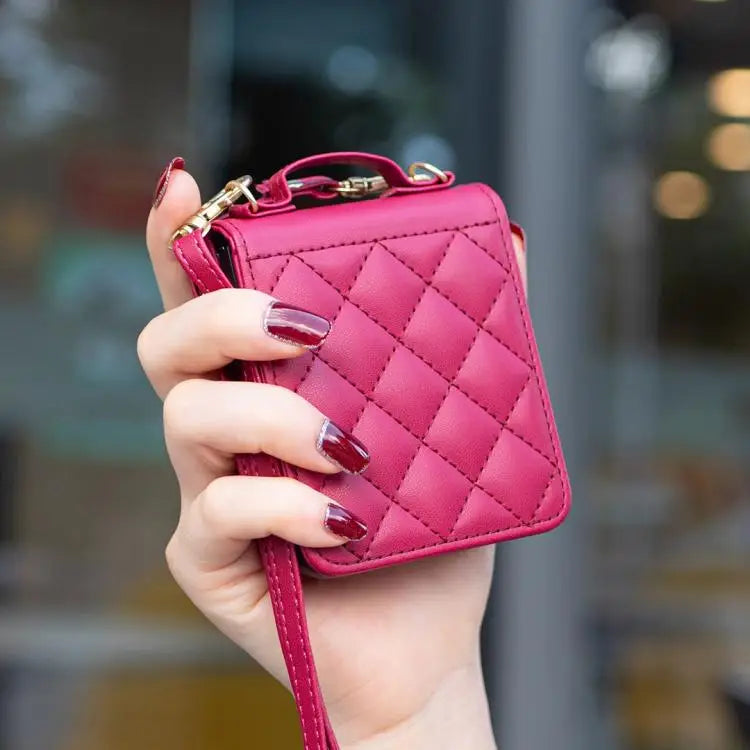 Voor Samsung Galaxy Z Flip7 Ruitvormige Crossbody Lanyard Leren Telefoonhoesje (Rosé Rood)