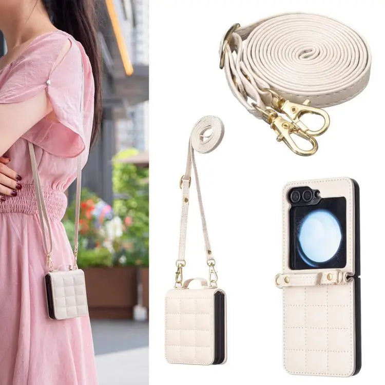 Voor Samsung Galaxy Z Flip7 Vierkant Crossbody Lanyard Leren Telefoonhoesje (Beige)