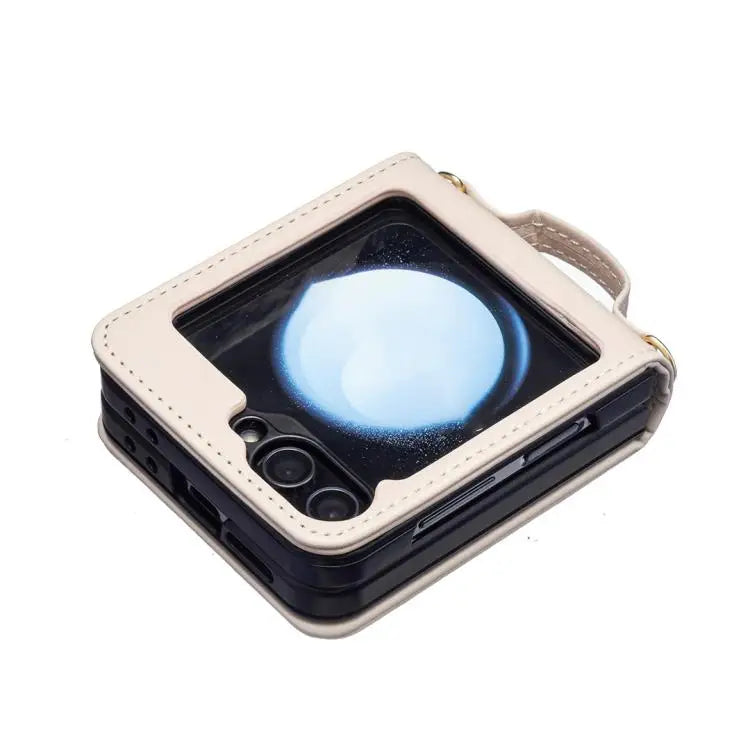 Voor Samsung Galaxy Z Flip7 Vierkant Crossbody Lanyard Leren Telefoonhoesje (Beige)