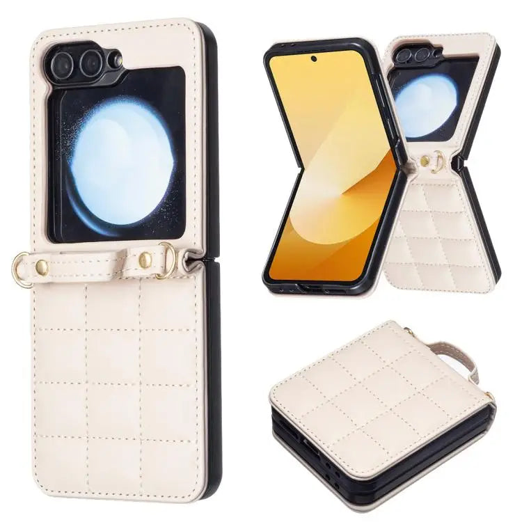 Voor Samsung Galaxy Z Flip7 Vierkant Crossbody Lanyard Leren Telefoonhoesje (Beige)