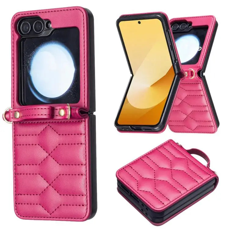 Voor Samsung Galaxy Z Flip7 V-vormig crossbody lanyard leren telefoonhoesje (rozerood)