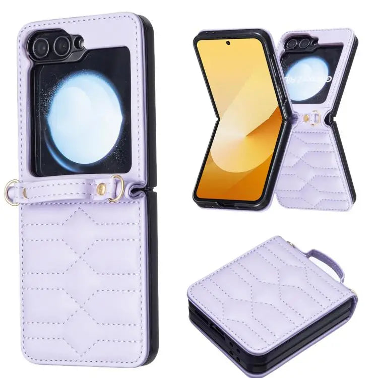 Voor Samsung Galaxy Z Flip7 V-vormig crossbody lanyard leren telefoonhoesje (paars)
