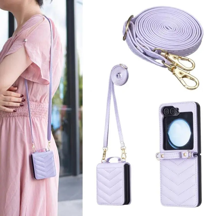 Voor Samsung Galaxy Z Flip7 Golfvormige Crossbody Lanyard Leren Telefoonhoesje (Paars)