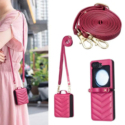 Voor Samsung Galaxy Z Flip7 Golfvormige Crossbody Lanyard Leren Telefoonhoesje (Rosé Rood)