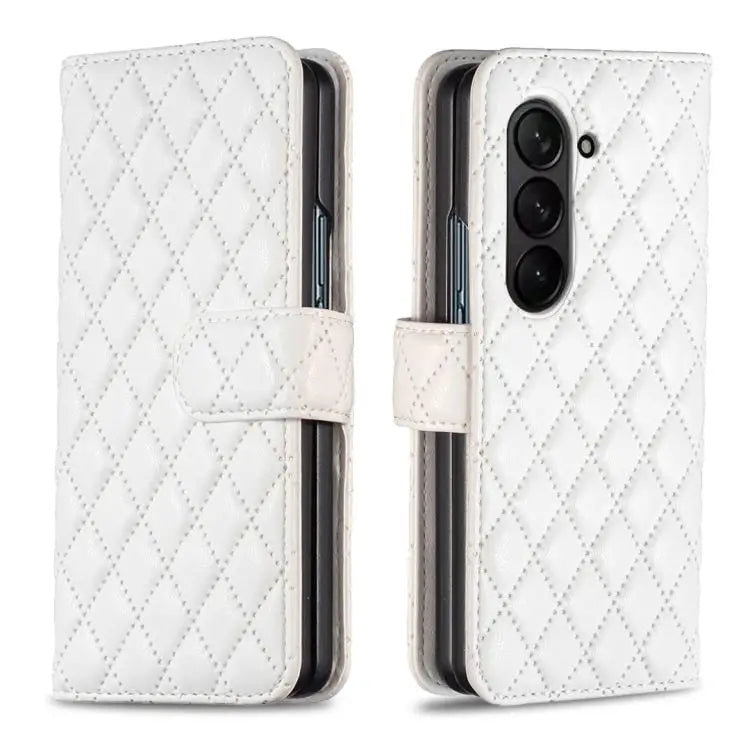 Voor Samsung Galaxy Z Fold5 Diamond Lattice Wallet Flip Leather Phone Case (wit)