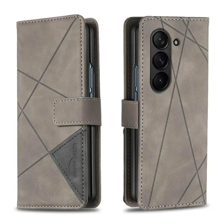 Voor Samsung Galaxy Z Fold5 Magnetische gesp Rhombus textuur leren telefoonhoesje (grijs)