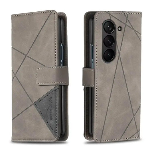 Voor Samsung Galaxy Z Fold5 Magnetische gesp Rhombus textuur leren telefoonhoesje (grijs)