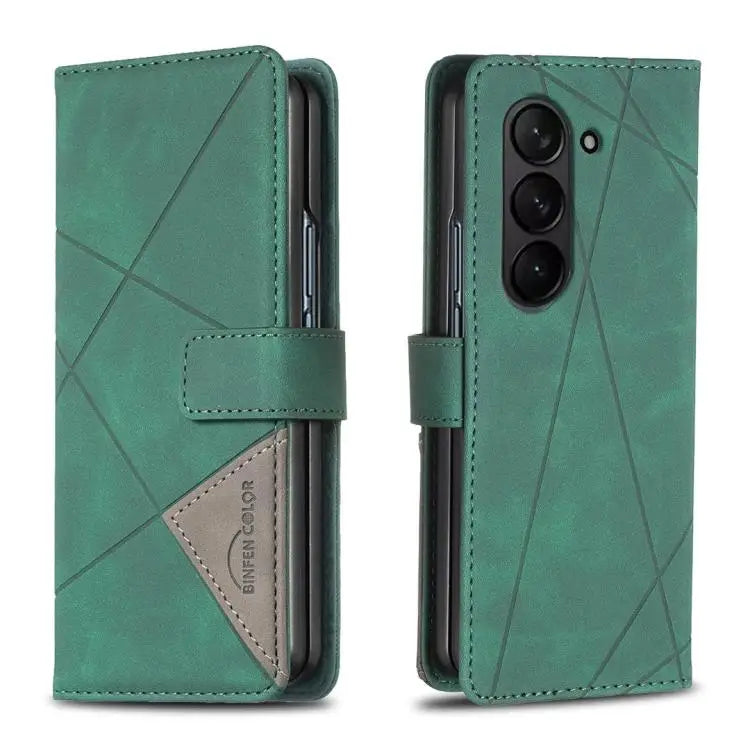 Voor Samsung Galaxy Z Fold5 Magnetische gesp Rhombus textuur leren telefoonhoesje (groen)