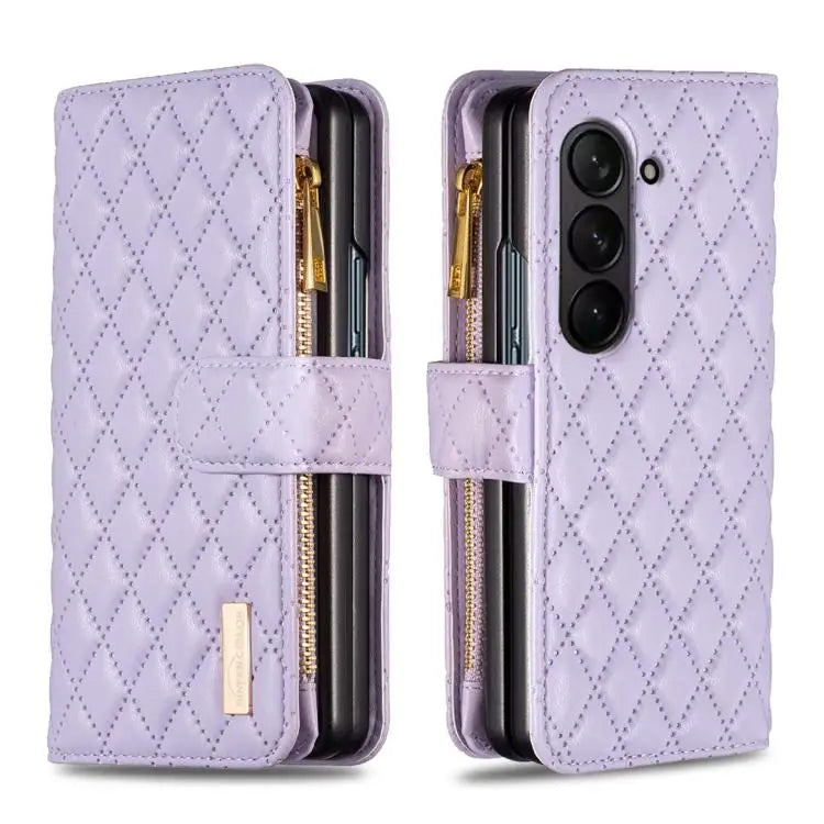 Voor Samsung Galaxy Z Fold6 Diamond Lattice Zipper Wallet Leather Flip Phone Case (Paars)
