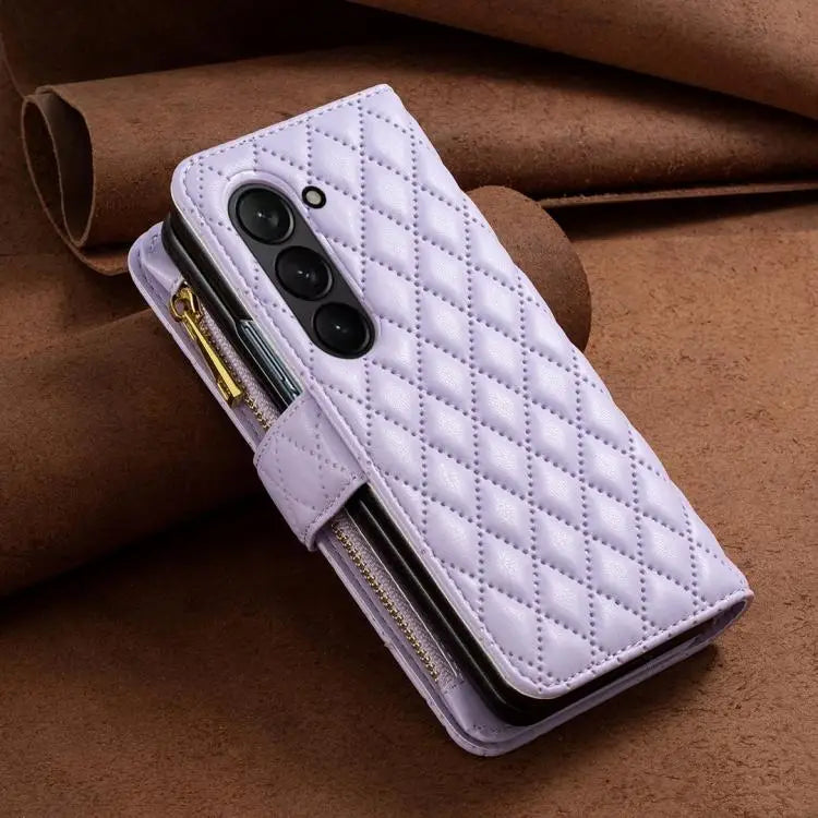Voor Samsung Galaxy Z Fold6 Diamond Lattice Zipper Wallet Leather Flip Phone Case (Paars)