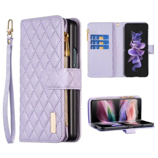 Voor Samsung Galaxy Z Fold6 Diamond Lattice Zipper Wallet Leather Flip Phone Case (Paars)