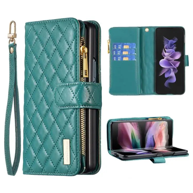 Voor Samsung Galaxy Z Fold6 Diamond Lattice Zipper Wallet Leather Flip Phone Case (Groen)