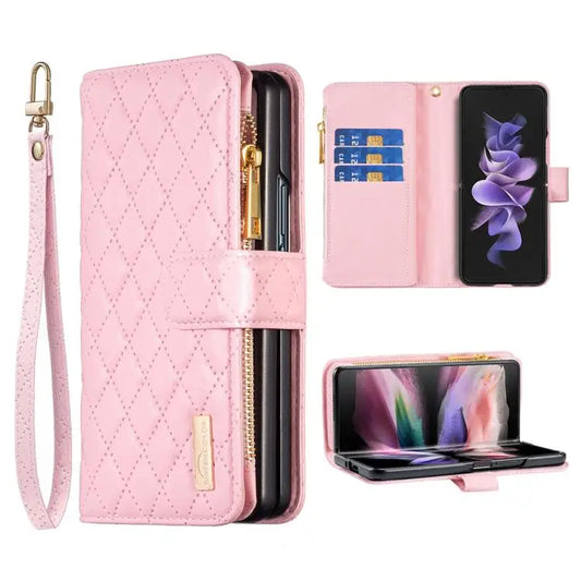 Voor Samsung Galaxy Z Fold6 Diamond Lattice Zipper Wallet Leather Flip Phone Case (roze)