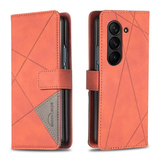 Voor Samsung Galaxy Z Fold6 Magnetische gesp Rhombus textuur leren telefoonhoesje (bruin)