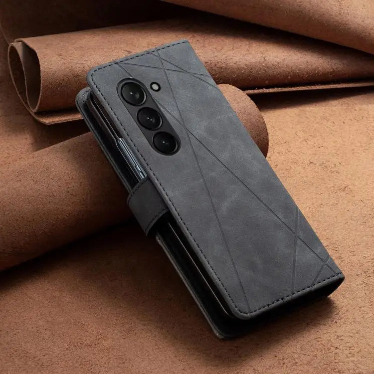 Voor Samsung Galaxy Z Fold6 Magnetische gesp Rhombus textuur leren telefoonhoesje (zwart)