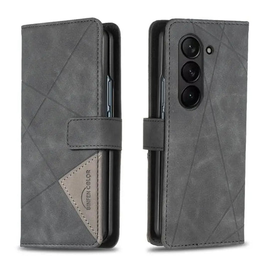 Voor Samsung Galaxy Z Fold6 Magnetische gesp Rhombus textuur leren telefoonhoesje (zwart)