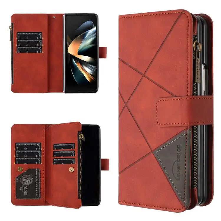 Voor Samsung Galaxy Z Fold6 Rhombus Texture Zipper Wallet Leather Phone Case (bruin)