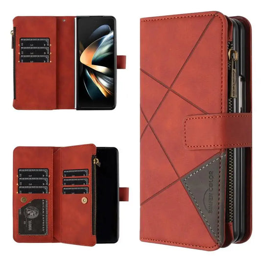 Voor Samsung Galaxy Z Fold6 Rhombus Texture Zipper Wallet Leather Phone Case (bruin)
