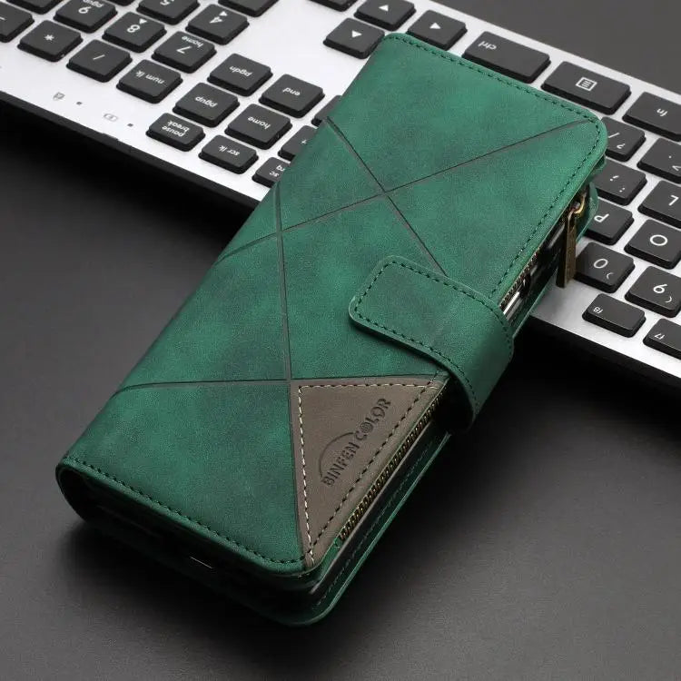 Voor Samsung Galaxy Z Fold6 Rhombus Texture Zipper Wallet Leather Phone Case (Groen)