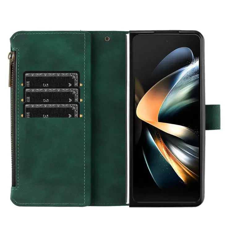 Voor Samsung Galaxy Z Fold6 Rhombus Texture Zipper Wallet Leather Phone Case (Groen)