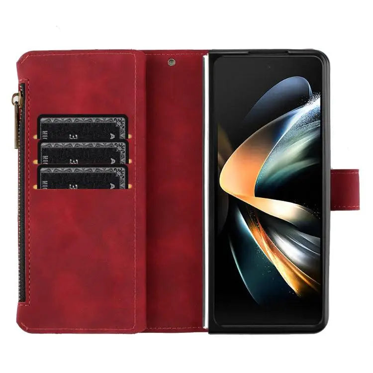 Voor Samsung Galaxy Z Fold6 Rhombus Texture Zipper Wallet Leather Phone Case (Rood)