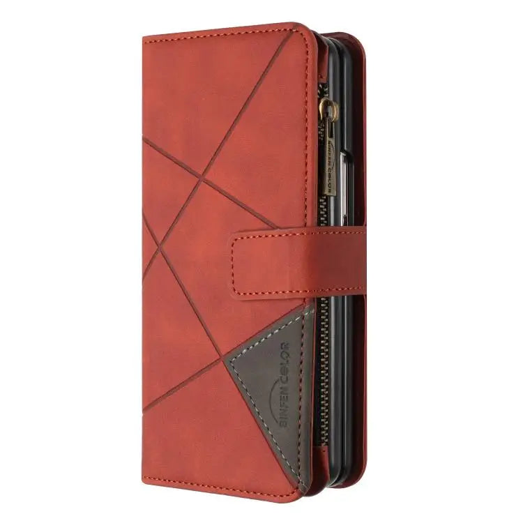 Voor Samsung Galaxy Z Fold6 Rhombus Texture Zipper Wallet Leather Phone Case (bruin)