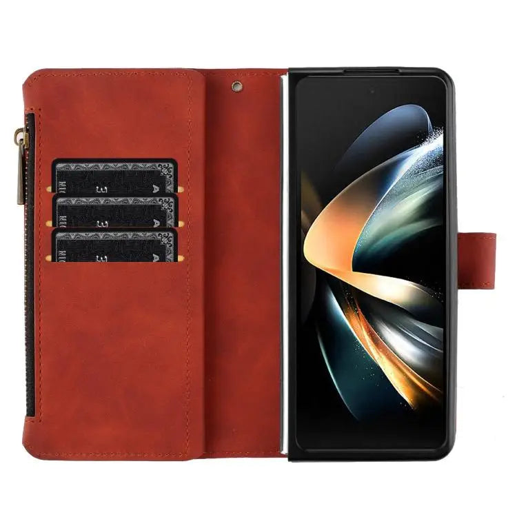 Voor Samsung Galaxy Z Fold6 Rhombus Texture Zipper Wallet Leather Phone Case (bruin)